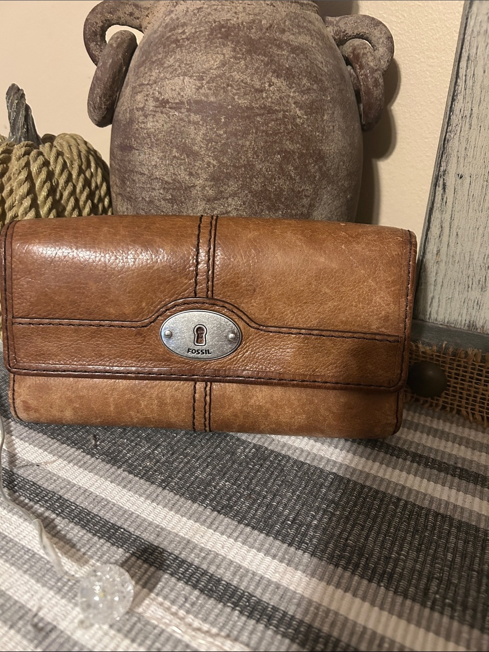 Fossil Brown Leather Fold-Over Wallet with Silver Plate